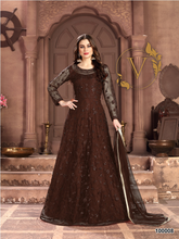 Load image into Gallery viewer, Embroidered Net Abaya Style Suit in Brown
