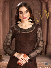 Load image into Gallery viewer, Embroidered Net Abaya Style Suit in Brown
