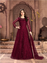 Load image into Gallery viewer, Embroidered Net Abaya Style Suit in Maroon
