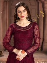 Load image into Gallery viewer, Embroidered Net Abaya Style Suit in Maroon
