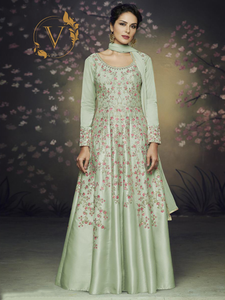 Green Readymade Embroidered Long Gown With Dupatta