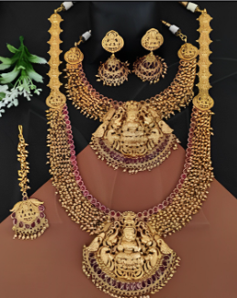Beautiful Lakshmi Temple Matte Gold Necklace & Earring Set