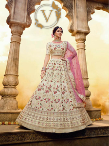 Cream Embroidered Georgette Lehenga Choli With Dupatta