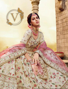 Cream Embroidered Georgette Lehenga Choli With Dupatta