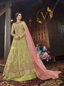 Olive Green Embroidered Net Salwar Kameez